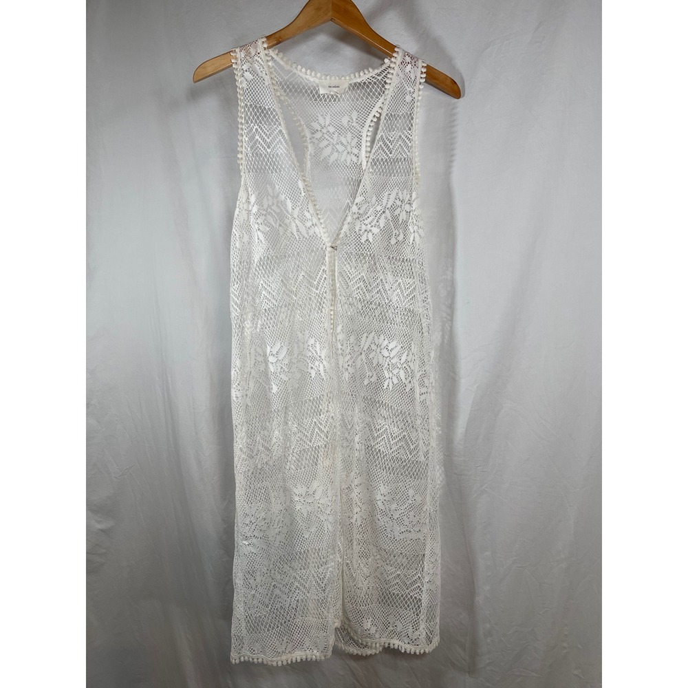 En Creme White Lace Crochet Longline Vest Sleeveless Racerback Pom Pom Trim M